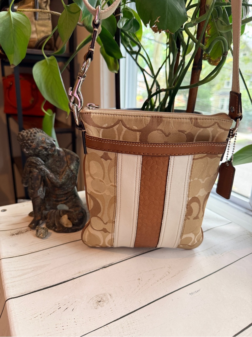 COACH | Y2K Signature Stripe Jacquard and Leather Swingpack in Beige and Brown